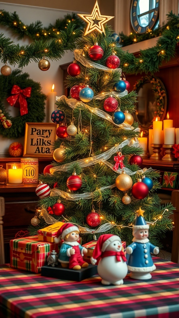 A retro Christmas scene with a vintage tree, colorful ornaments, warm lights, and nostalgic decorations.